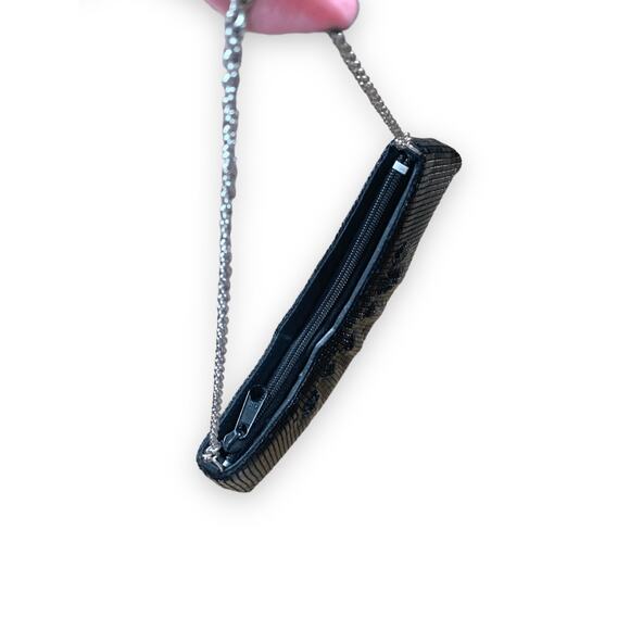 90s Cache Black Sequin Mini Baguette Bag Silver Chain Handle Evening Purse Small - Picture 4 of 8